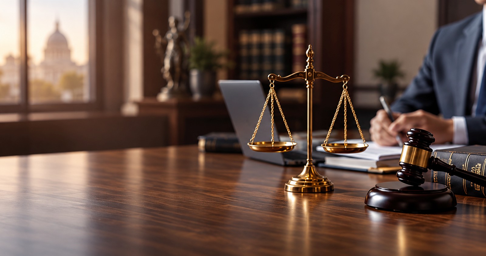 Lawyer reviewing case documents on a laptop beside legal reference books