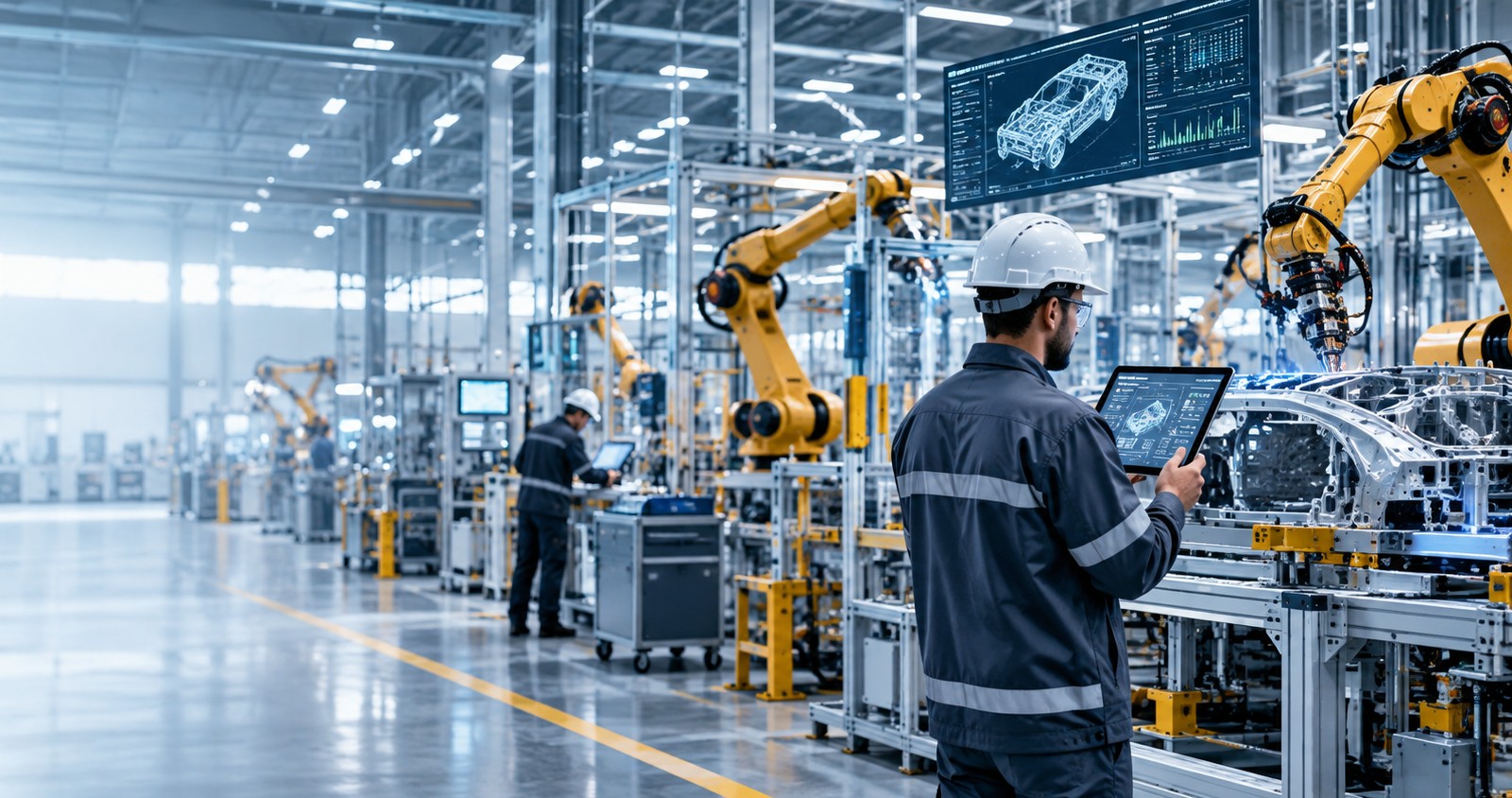 Engineer monitoring automated production line data on a factory floor terminal