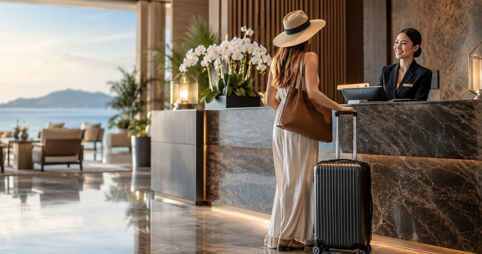 Traveller booking a trip on a smartphone at an airport departure lounge